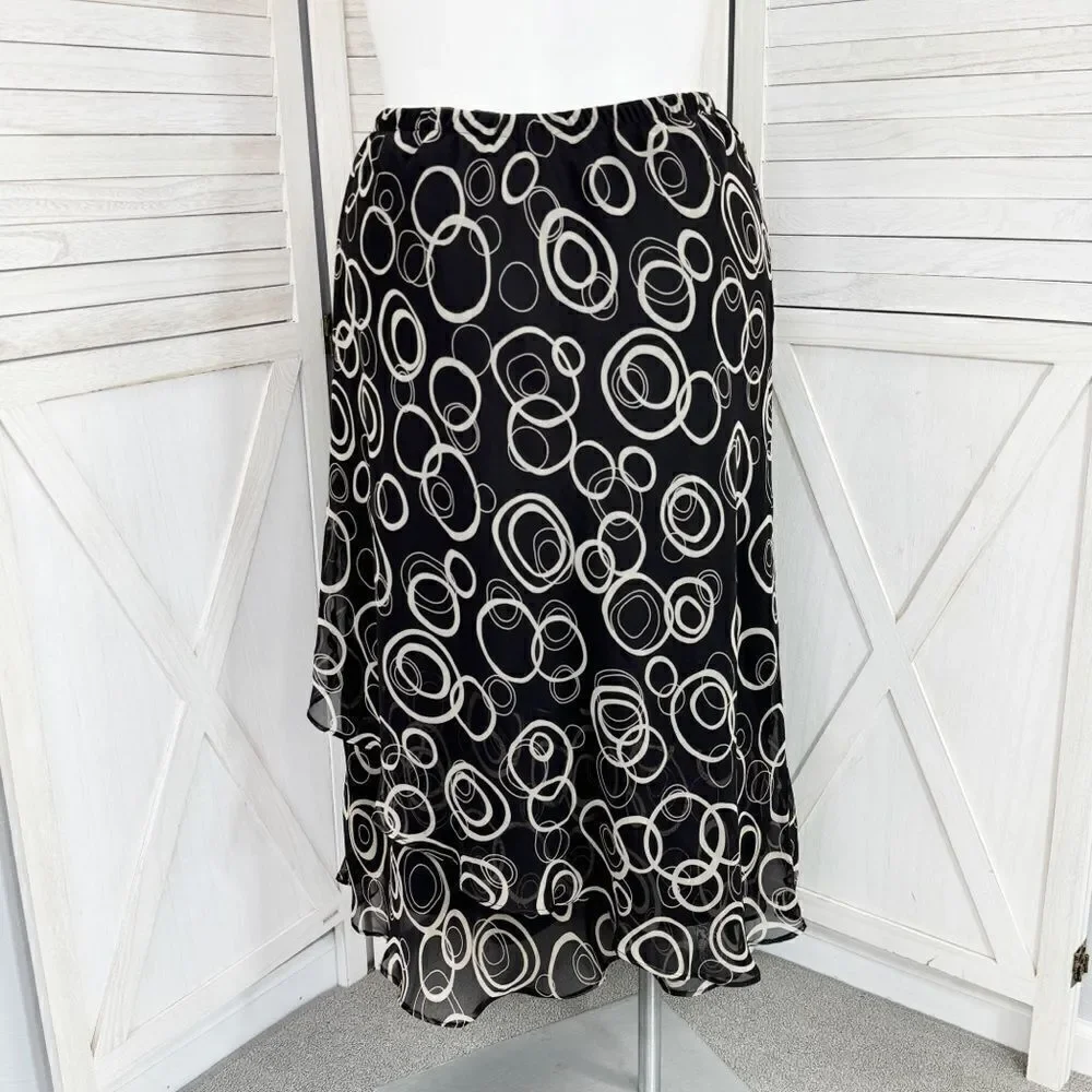 Karin Stevens Layered Chiffon Geometric Circle Print Midi‎ Skirt Black 16W